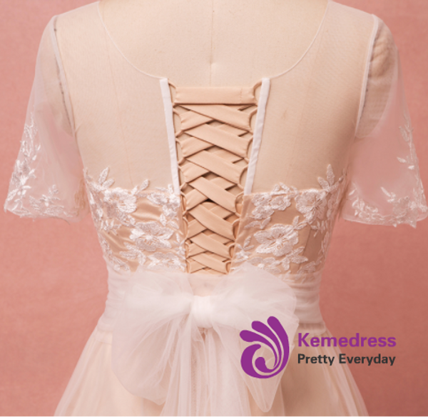 Plus Size Champagne Tulle Lace Short Sleeve Prom Dress