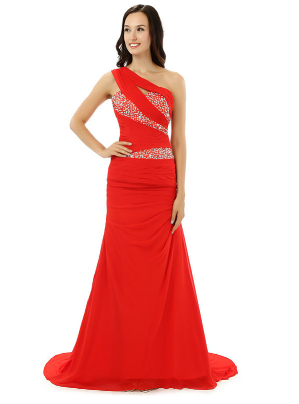 Red One Shoulder Chiffon With Beading Sequins Bridesmaid Dress