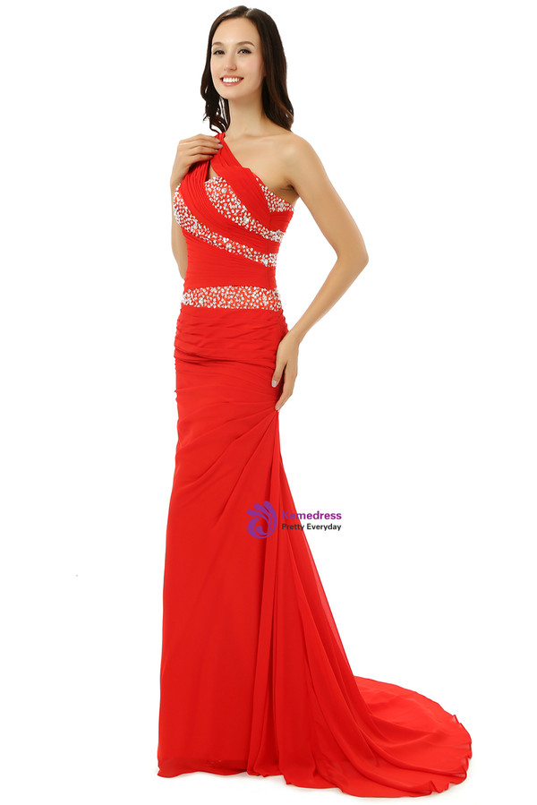 Red One Shoulder Chiffon With Beading Sequins Bridesmaid Dress