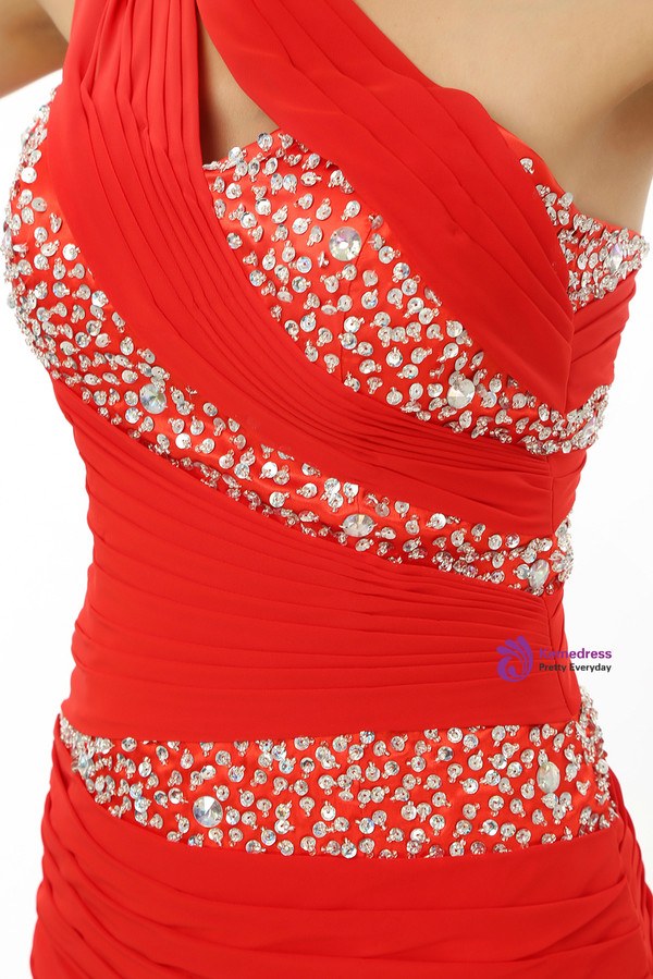 Red One Shoulder Chiffon With Beading Sequins Bridesmaid Dress