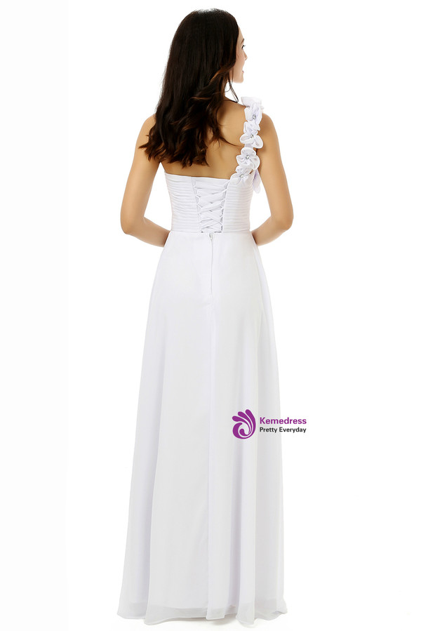 White Chiffon One Shoulder Flower Pleats Bridesmaid Dress