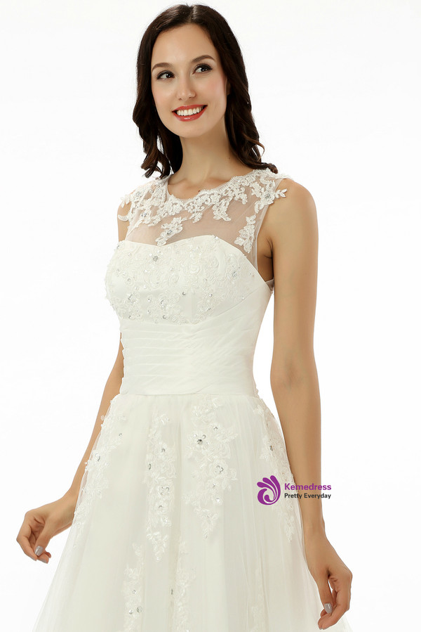 White Tea Length Tulle Appliques Backless Wedding Dress
