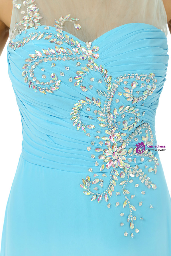 Sexy Blue Chiffon Pleats With Crystal Floor Length Bridesmaid Dress