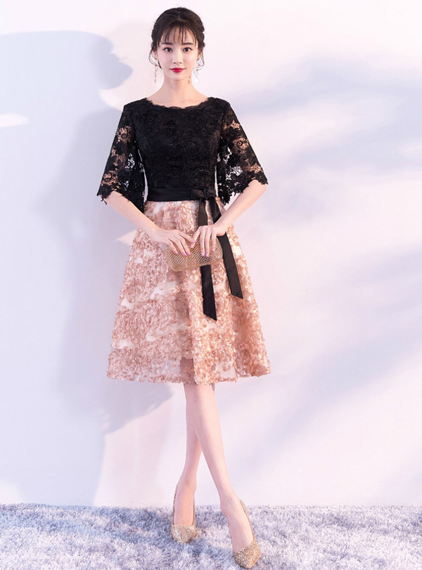 In Stock:Ship in 48 hours Short Black Champagne Lace Homecoming Dress
