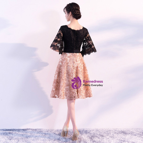 In Stock:Ship in 48 hours Short Black Champagne Lace Homecoming Dress