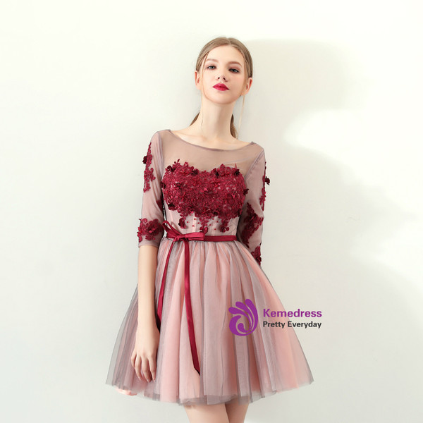 In Stock:Ship in 48 hours Half Sleeve Tulle Appliques Homecoming Dress