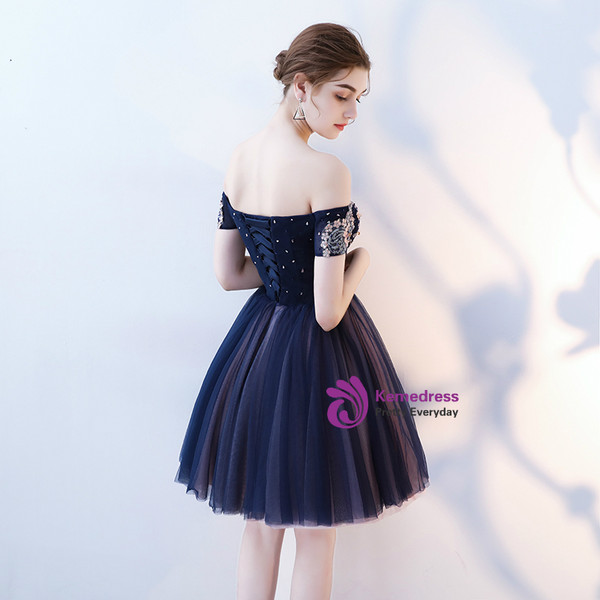 In Stock:Ship in 48 hours Navy Blue Off the Shoulder Homecoming Dress