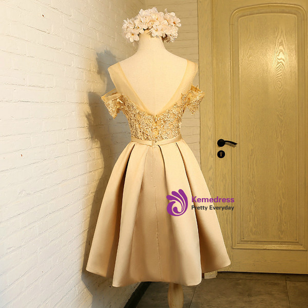 In Stock:Ship in 48 hours Gold Satin Appliques With Bow Homecoming Dress