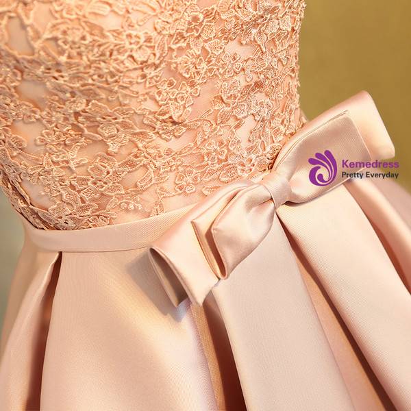 In Stock:Ship in 48 hours Pink Satin Appliques With Bow Homecoming Dress