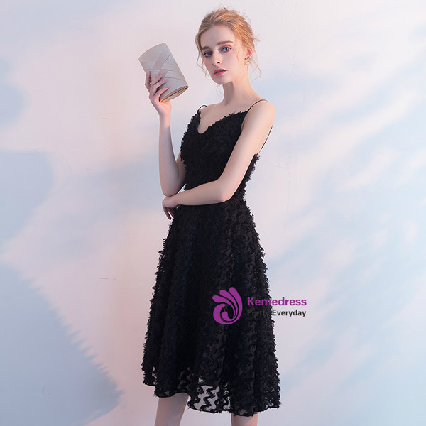 In Stock:Ship in 48 hours Spaghetti Straps Black Lace Prom Dress