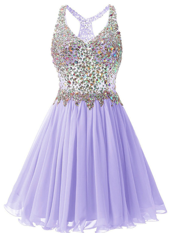 In Stock:Ship in 48 hours Lavender Chiffon V-neck Homecoming Dress