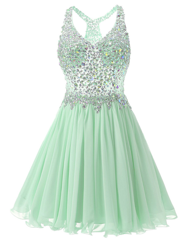 In Stock:Ship in 48 hours Mint Chiffon V-neck Homecoming Dress