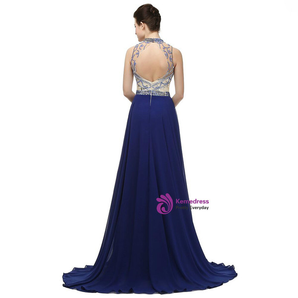 Blue Chiffon High Neck Backless With Beading Prom Dress