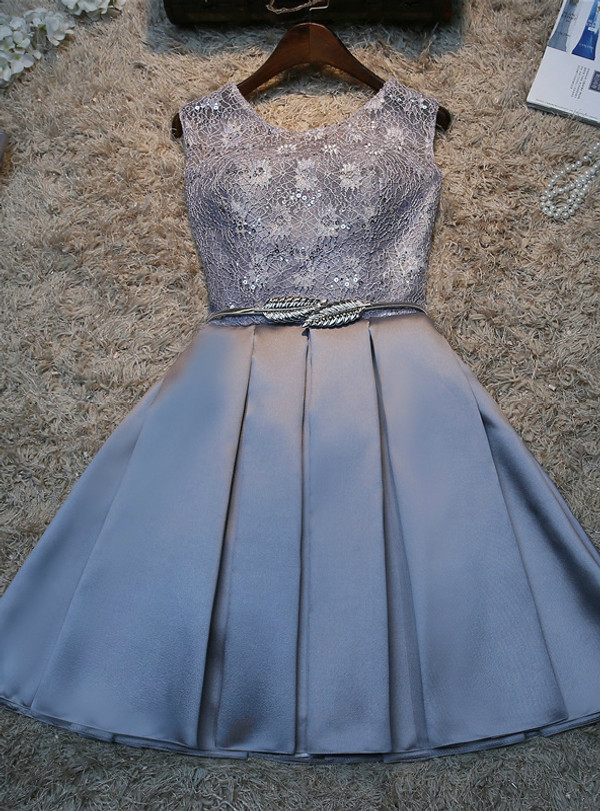 In Stock:Ship in 48 hours Gray Satin Lace Homecoming Dress