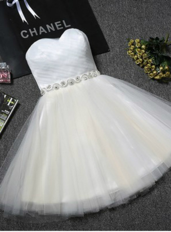 In Stock:Ship in 48 hours White Tulle With Crystal Homecoming Dress