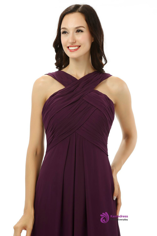 Burgundy Chiffon Halter With Pleats Floor Length Bridesmaid Dress