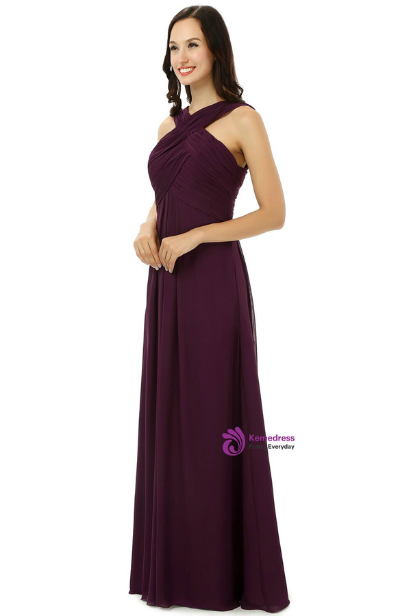 Burgundy Chiffon Halter With Pleats Floor Length Bridesmaid Dress