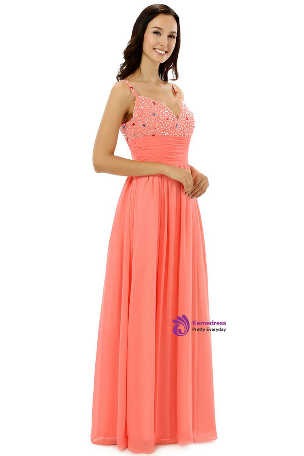 Spaghetti Straps V-neck Chiffon With Beading Bridesmaid Dress