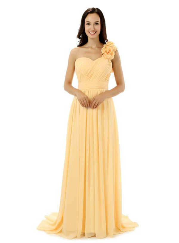 Yellow One Shoulder Chiffon With Pleats Flower Bridesmaid Dress