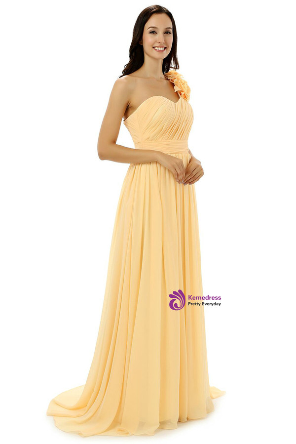 Yellow One Shoulder Chiffon With Pleats Flower Bridesmaid Dress