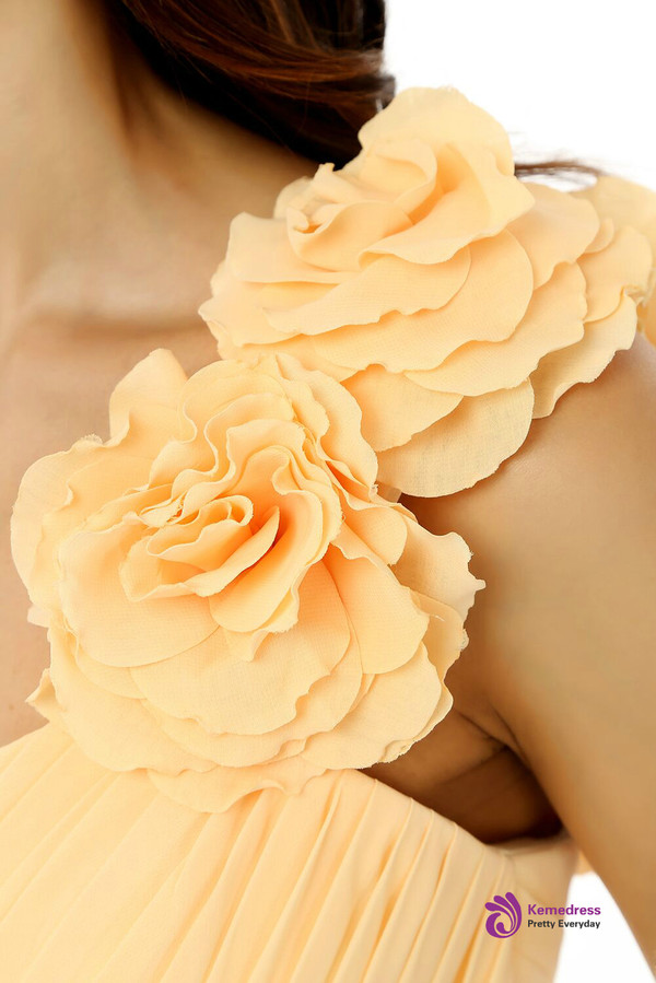 Yellow One Shoulder Chiffon With Pleats Flower Bridesmaid Dress