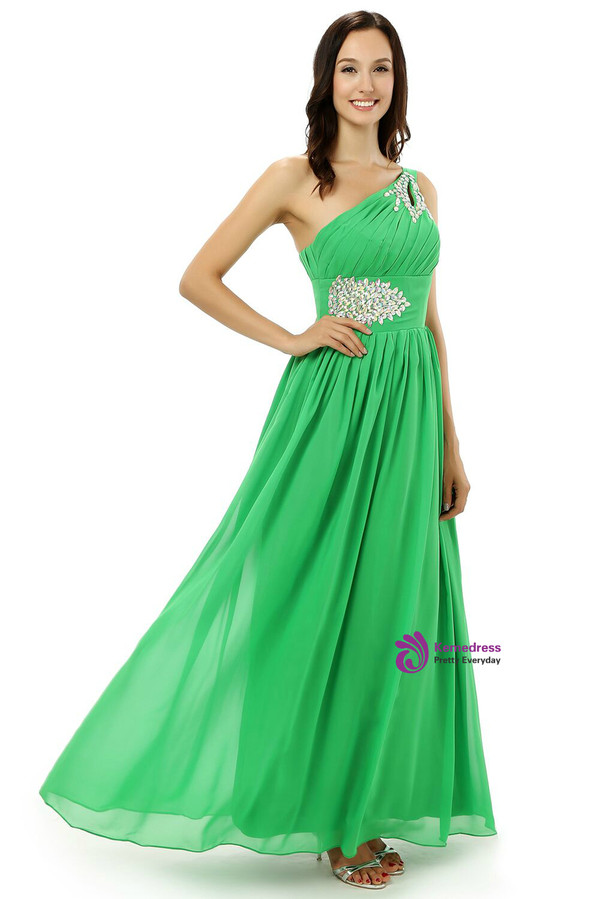 Green One Shoulder Chiffon With Crystal Pleats Bridesmaid Dress