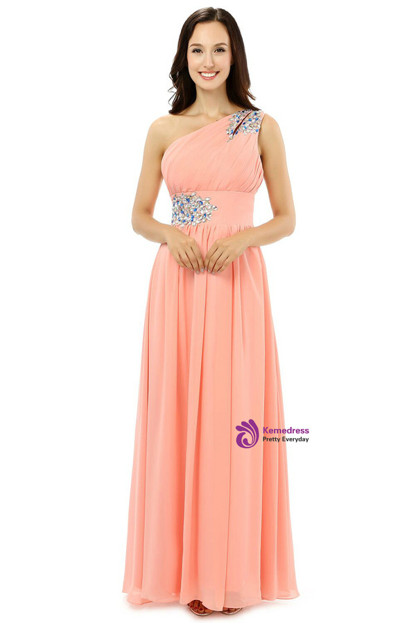 Pink One Shoulder Chiffon With Crystal Pleats Bridesmaid Dress
