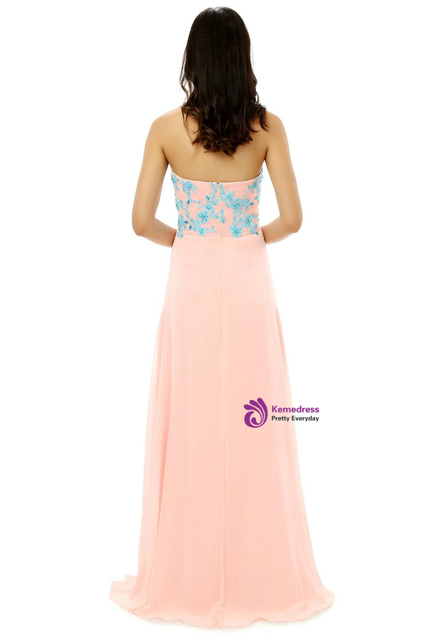 Pink Chiffon Sweetheart Blue Appliques Floor Length Bridesmaid Dress