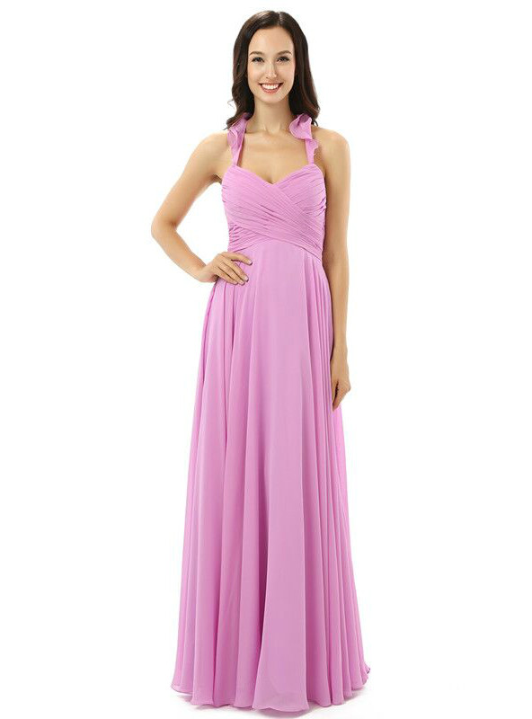 Purple Chiffon Halter Backless With Pleats Bridesmaid Dress