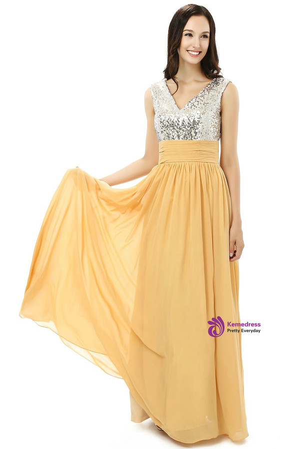 Yellow Chiffon Silver Sequins V-neck Backless Bridesmaid Dress