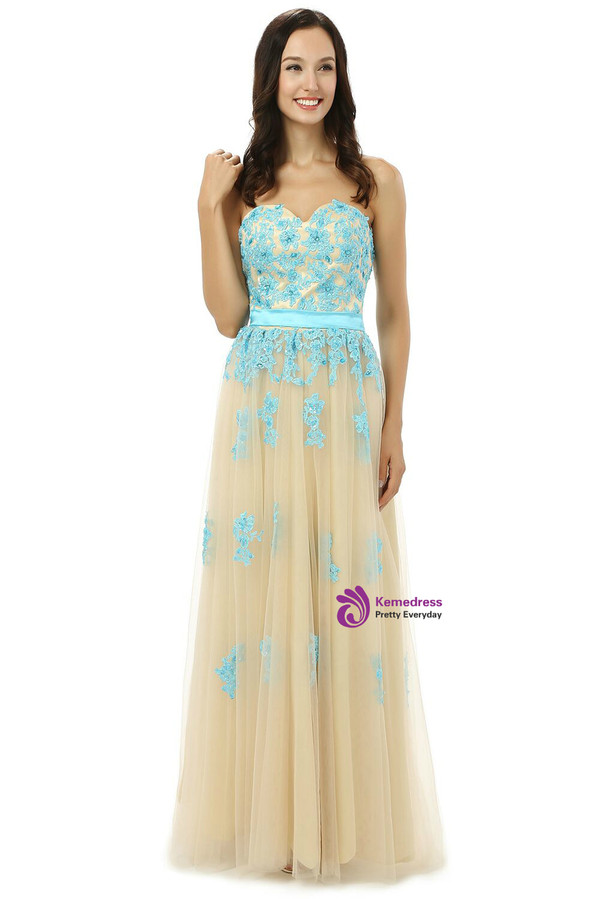 Champagne Tulle Blue Lace Sweetheart Beading Bridesmaid Dress