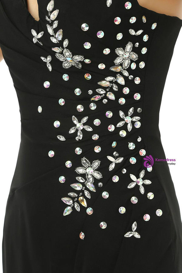 Black One Shoulder Chiffon With Pleats Crystal Bridesmaid Dress