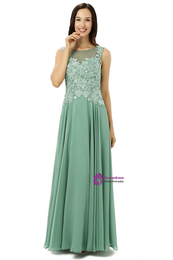 Green Chiffon Lace Scoop Backless Floor Length Bridesmaid Dress
