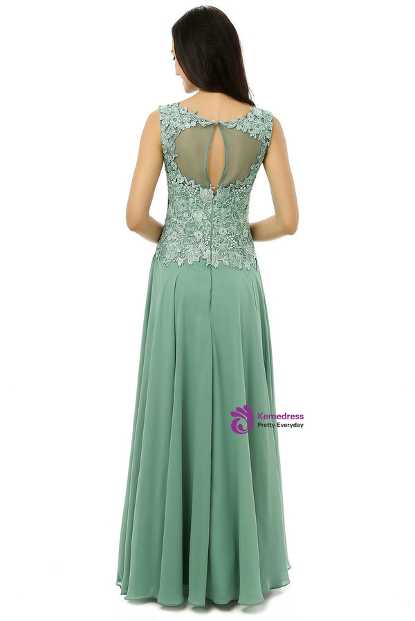 Green Chiffon Lace Scoop Backless Floor Length Bridesmaid Dress