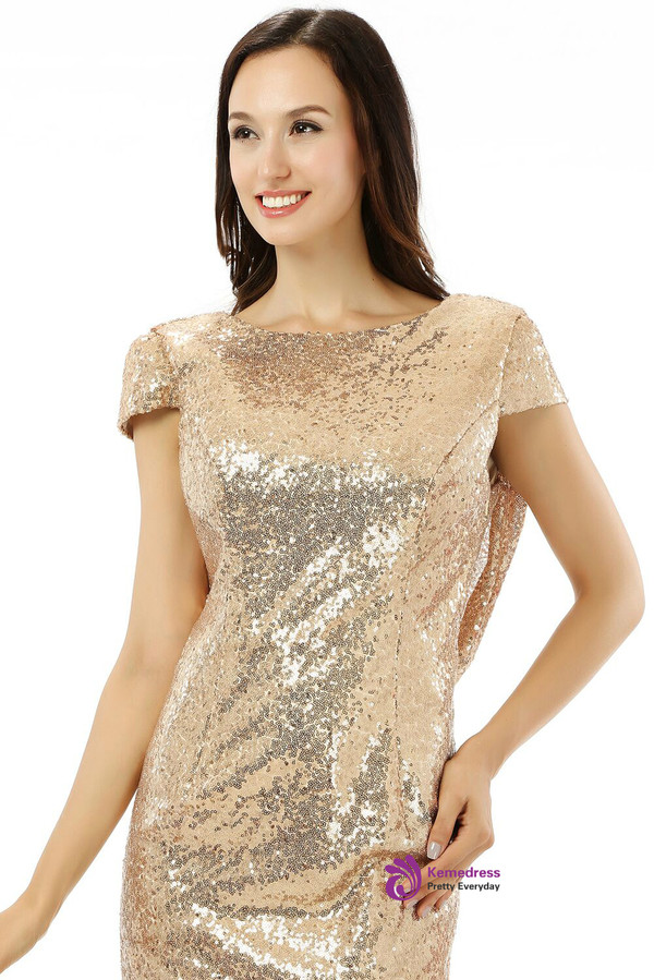 Sheath Gold Sequins Cap Sleeve Backless Bridesmaid Dress