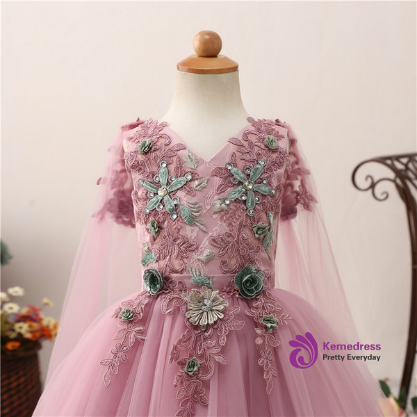 Purple V-neck Short Sleeve Tulle Appliques Flower Girl Dress