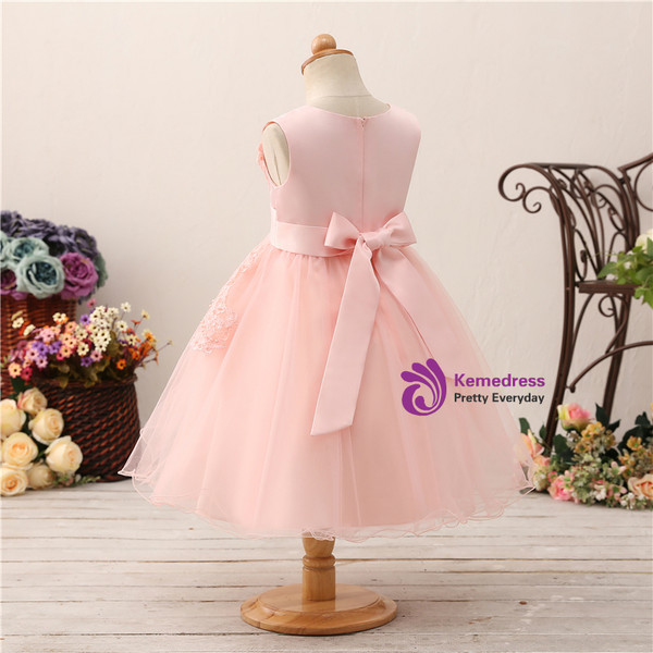 Pink Tulle Lace Appliques With Crystal Bow Flower Girl Dress