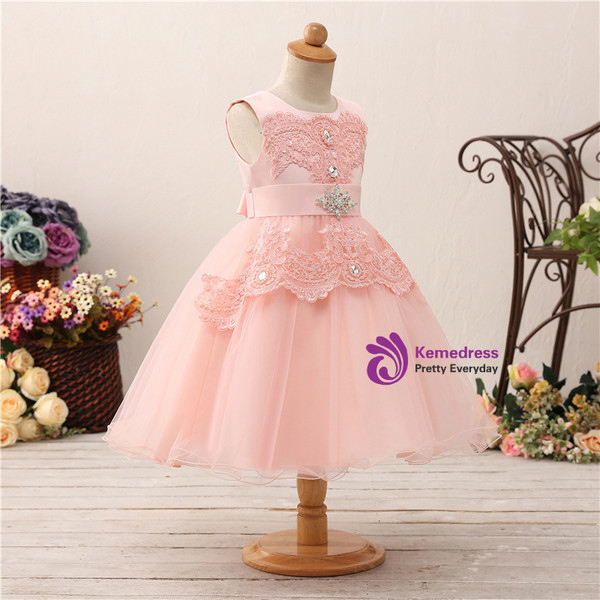 Pink Tulle Lace Appliques With Crystal Bow Flower Girl Dress