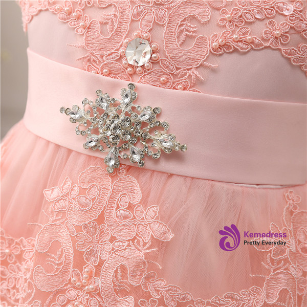 Pink Tulle Lace Appliques With Crystal Bow Flower Girl Dress