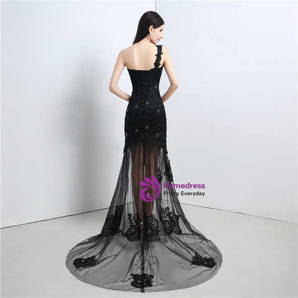 Mermaid One Shoulder Black Lace Tulle Prom Dress