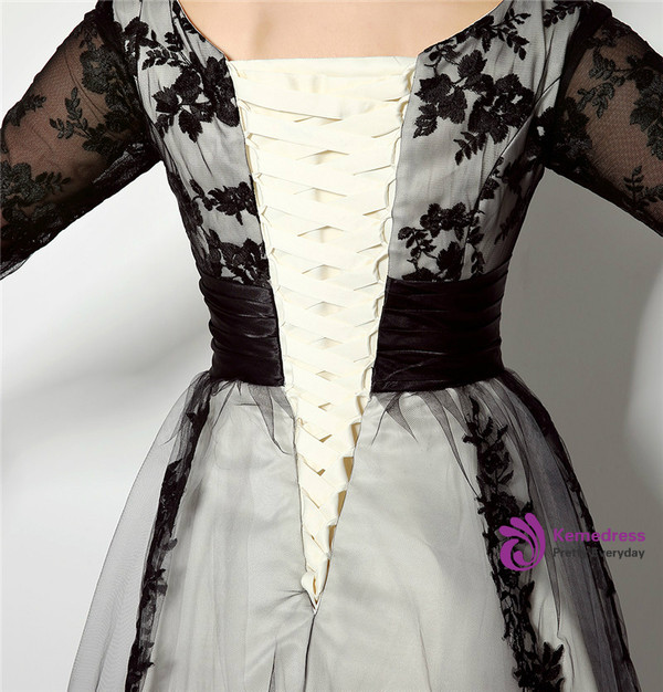 Black Lace Tulle 3/4 Sleeve Tea Length Prom Dress