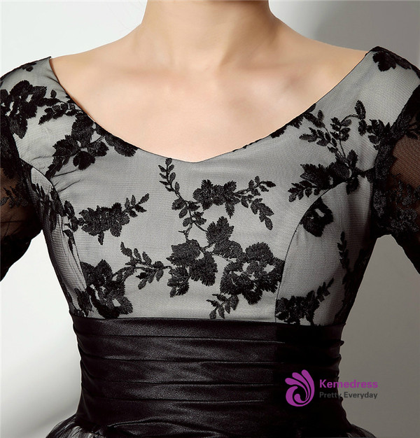 Black Lace Tulle 3/4 Sleeve Tea Length Prom Dress