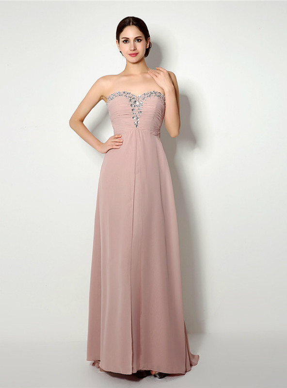 Pink Sweetheart Chiffon Beading Floor Length Prom Dress