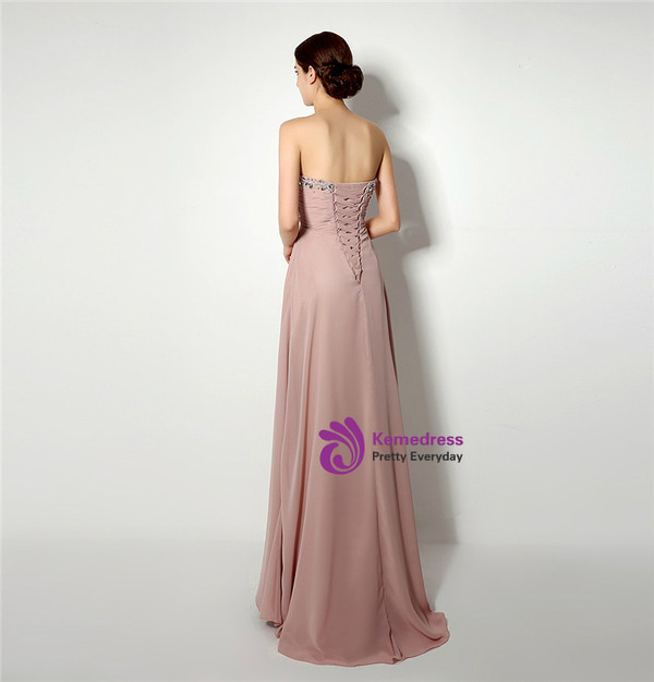 Pink Sweetheart Chiffon Beading Floor Length Prom Dress