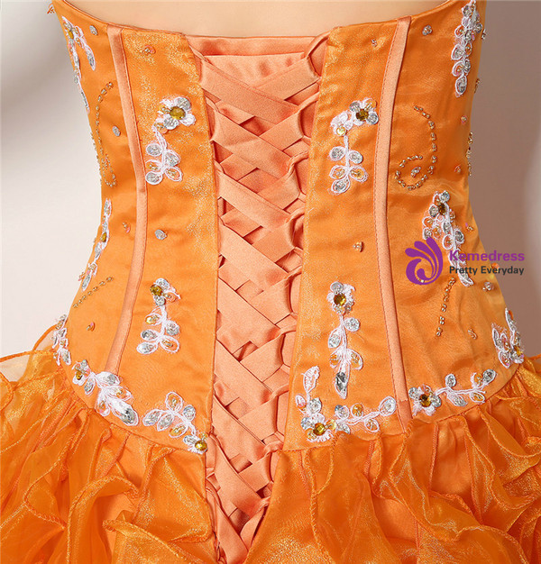 Orange Hi Lo Organza Sweetheart With Beading Prom Dress