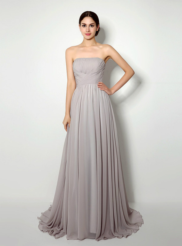 Gray Strapless Chiffon Pleats Sleeveless Prom Dress