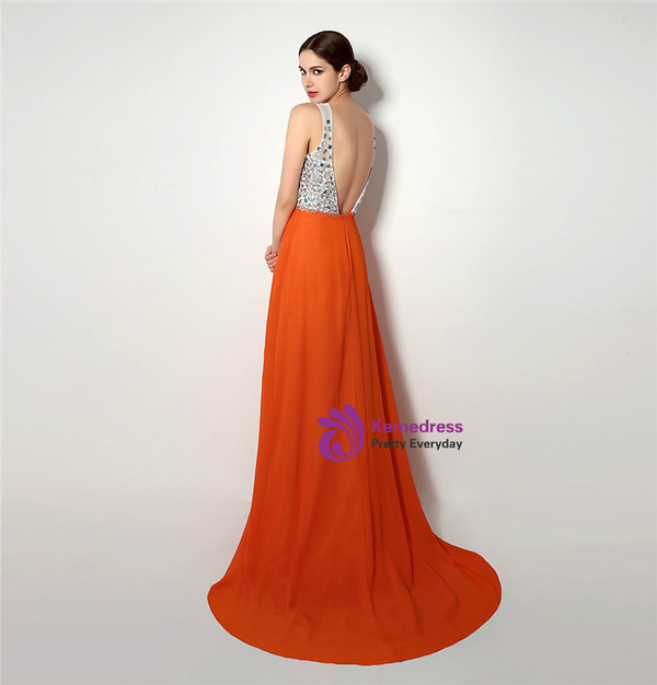 Orange Chiffon Deep V-neck Backless With Beading Prom Dress