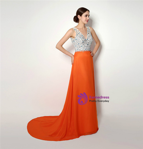 Orange Chiffon Deep V-neck Backless With Beading Prom Dress