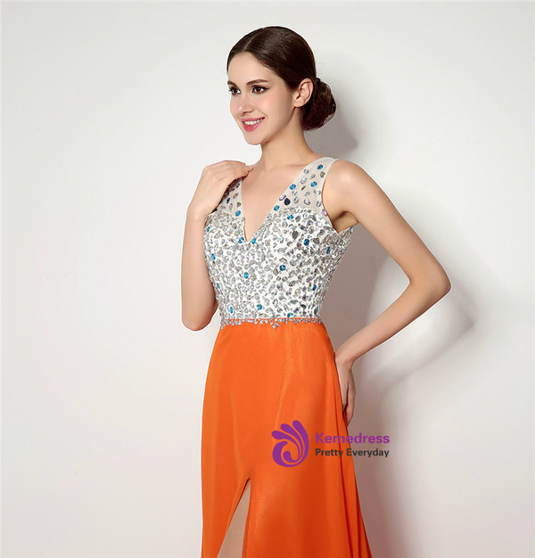 Orange Chiffon Deep V-neck Backless With Beading Prom Dress