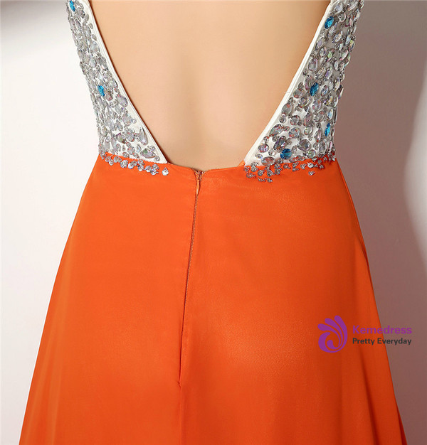 Orange Chiffon Deep V-neck Backless With Beading Prom Dress
